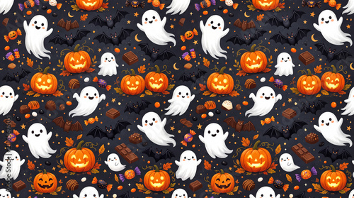 tiling seasonal background featuring flying black bats friendly white ghosts and unwrapped chocolate candies scattered among carved jack o lanterns for a spooky october aesthetic