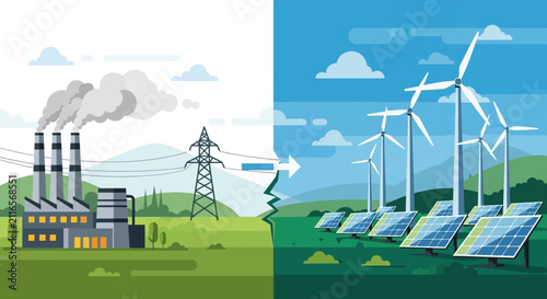 Solar panels and wind turbines generating renewable energy in a green field.