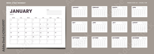 Obraz na plátně 2027 year Set 12 Pages Monthly Calendar Planner Templates on English with note