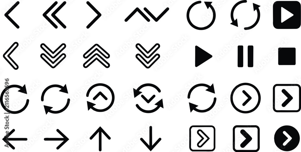 Fototapeta premium Arrow and Media Player Icon Set with Refresh, Play, Pause, and Navigation Button Symbols