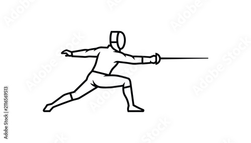 Dynamic fencing sport athlete in lunging pose with foil sword black and white line art vector illustration.