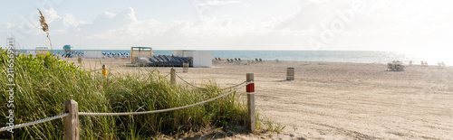 Fotografie Waves gently lap against the shore as sunbathers relax under palm trees at Miami Beach