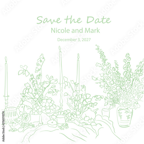 Hand Drawn Wedding Table Decor Doodles with Champagne, Cake, Candles and Vintage Bows, Vase of Flowers, Wedding Invitation