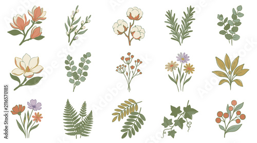 Canvastavla Colorful illustrated botanical flowers and foliage collection.