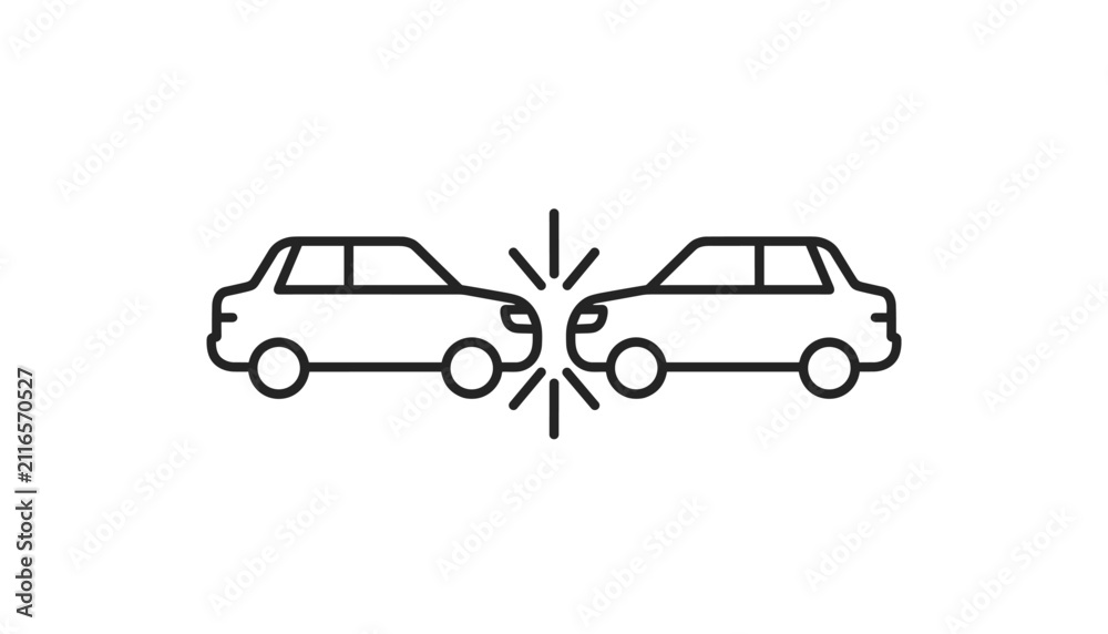 Obraz premium Line art icon representing a head-on car collision with impact sparks between two sedan vehicles on a clean white background.