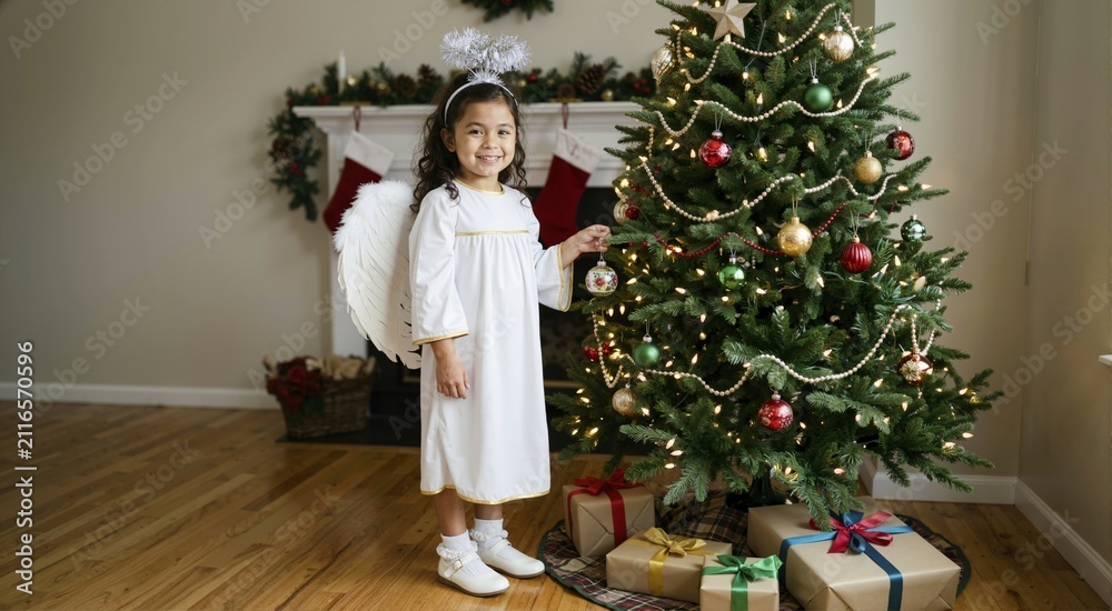 Fototapeta premium Hispanic child wearing angel costume standing near Christmas tree. Smiling young girl with wings and halo touching holiday ornament