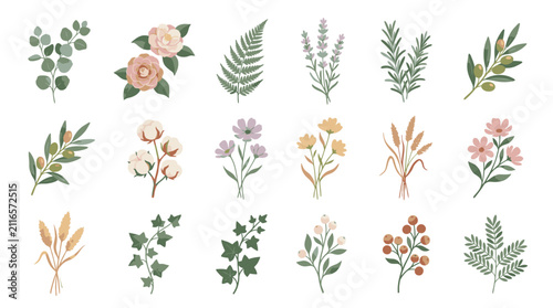 Colorful Hand Drawn Botanical Flower and Leaf Collection.
