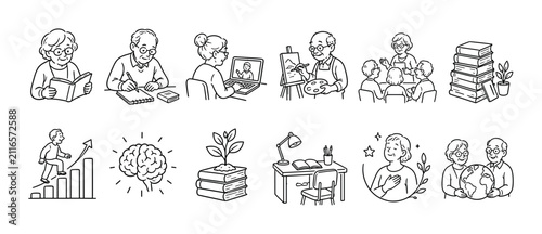 Hand-drawn black and white illustration set of senior citizens enjoying lifelong learning, personal growth, and hobbies like reading, painting, studying, and online classes