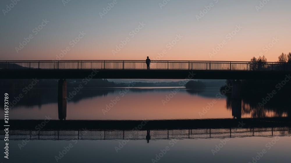 Obraz premium A lone silhouette stands quietly on a bridge at dusk, gazing over calm water as fading light and gentle reflections create a peaceful, contemplative atmosphere.