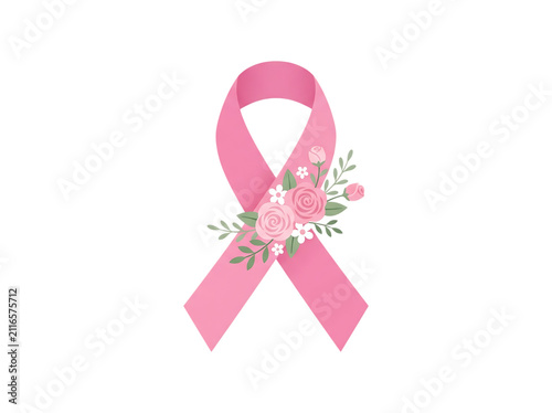 Delicate pink ribbon with beautiful rose flowers and green leaves symbolizing breast cancer awareness transparent background