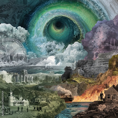 Surreal Vintage Landscape Collage with Cosmic Vortex and Dramatic Nature Elements in Fantasy Setting