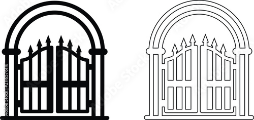 Two decorative arched gate icons featuring a solid black silhouette version and a thin line art outline design style