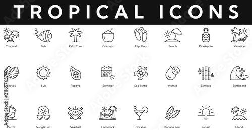 Tropical icon set. Contain icons related to tropical, island, Beach, coconut, palm tree, summer, fish, cocktail, vacation, and more. Editable stroke. Vector illustration