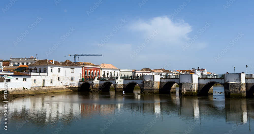Fototapeta premium Tavira town central Praca da Republica square at sunny day in Algarve region, Portugal.