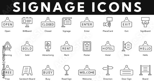 Signage and wayfinding icon set. Billboard, signboard, arrow direction, guidepost, advertising display, navigation marker, information panel. Editable icons collection. Vector.