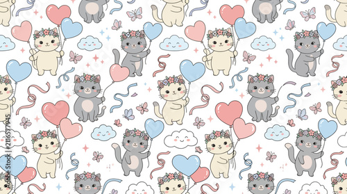 Cute Kittens Holding Heart Balloons and Flowers