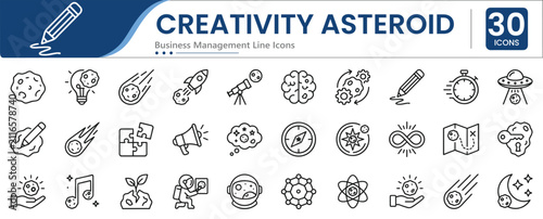Set of 30 outline icons related to creativity asteroid. Containing asteroid, rocket, telescope, brain, light bulb and more. Linear icons collection. Editable stroke. Vector illustration