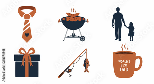 Fathers Day Icons Set Tie Barbecue Fishing Gift Mug Dad Silhouette Holding Daughters Hand