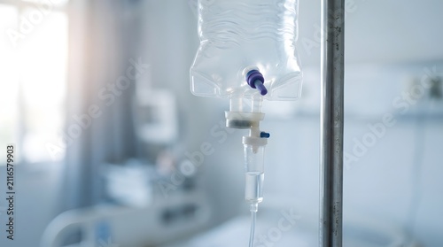 IV Drip Bag with Saline Solution Hanging in Hospital Patient Room