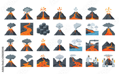 Volcano Eruption Flat Vector Illustration Collection with Lava, Magma and Geological Icons