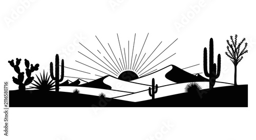 Desert Landscape With Cacti And Mountains Black Silhouette