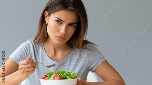 Displeased young woman on a diet reluctantly eating a tasteless salad for lunch, healthy lifestyle and weight loss nutrition concept, with copy space