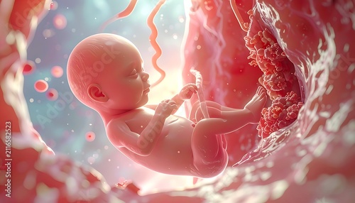 Human fetus developing in womb, early stage of pregnancy, close up view of tiny baby inside amniotic sac, medical concept