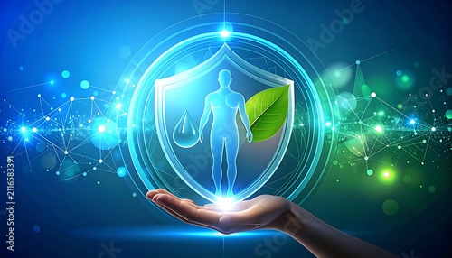 Human health protection shield with hand, water drop, and green leaf symbol, digital technology background