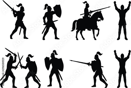 Quadro su tela Medieval knight silhouette vector collection featuring battle stances, combat sc