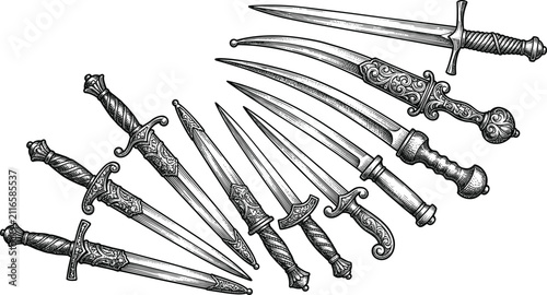 Canvastavla Vintage Antique Dagger and Sword Engraving Collection Hand Drawn Medieval Weapon
