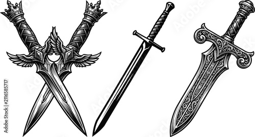 Canvastavla Vintage Engraved Medieval Fantasy Sword Collection with Crossed Blades and Ornat