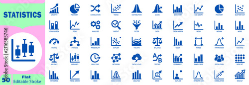 Statistics charts and graphs icon set. Showing data analysis trends, growth, and distribution for business. Editable Stroke. Vector Illustration.