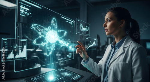 Female scientist analyzing futuristic holographic space rocket data in high-tech lab with blue neon lighting