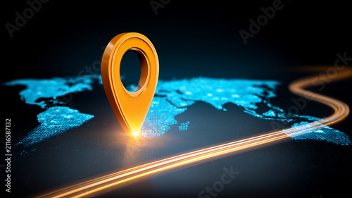A location pin on a digital world map representing global navigation and connected route tracking
