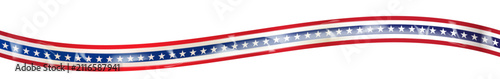 USA flag ribbon tape vector illustration. Wavy American patriotic plastic scotch tape with red white blue stripes and stars isolated on white background for Independence Day overlay asset.