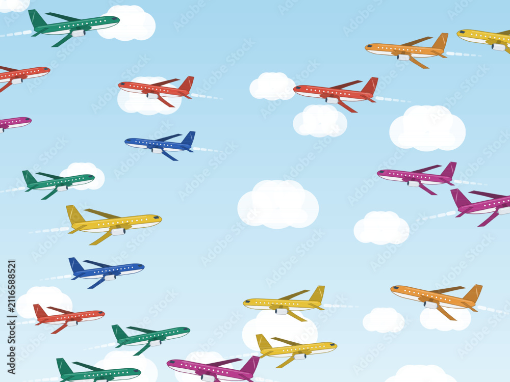 Fototapeta premium Cartoon Passenger Jets Cloud Pattern Aviation Design