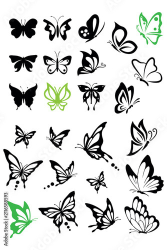 Collection of butterfly silhouettes and vector illustrations on a white background