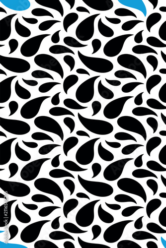 Abstract black and blue teardrop shapes seamless vector pattern on white background
