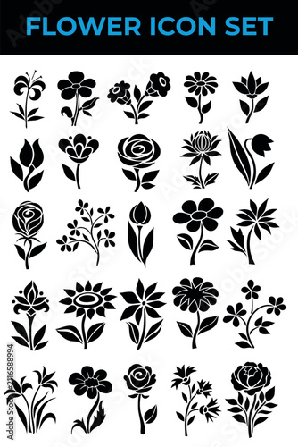 Floral icon set with various flower types on a white background