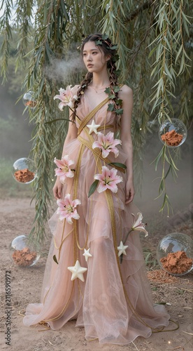Young woman wearing floral gown standing beneath willow tree