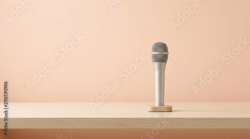 Minimalist silver dynamic microphone standing on a wooden surface against a neutral peach background for podcasting, recording, and speech broadcasting
