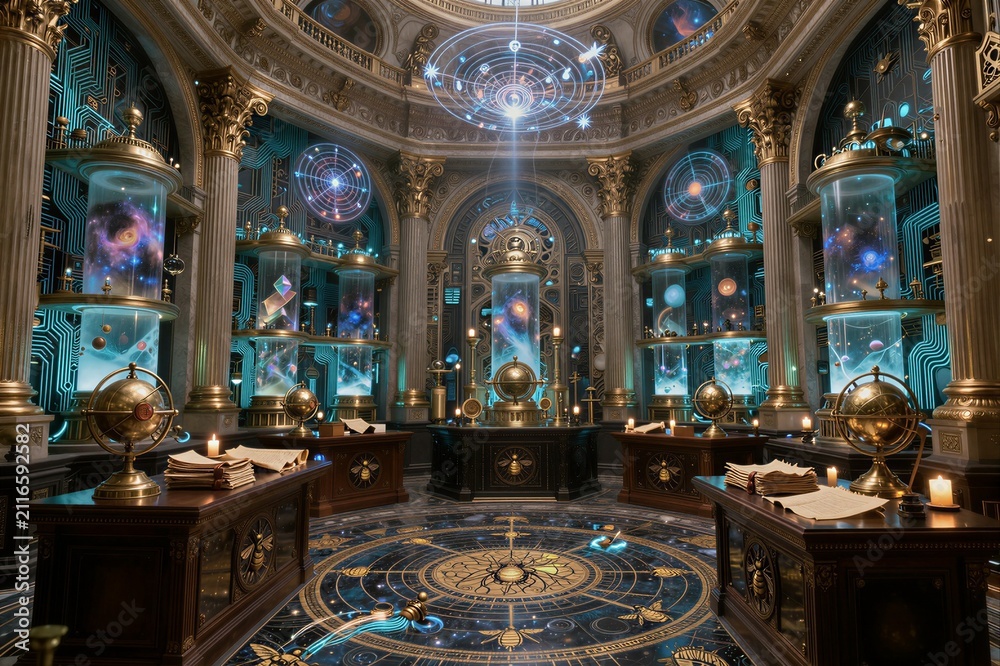 Obraz premium Celestial library displaying astronomical instruments in domed hall