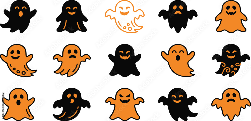 Obraz premium Set of cute cartoon ghost stickers for halloween decoration featuring black and orange spooky spirits on white background