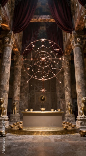 Ornate ceremonial altar beneath celestial chandelier in temple