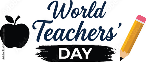 World Teachers Day greeting card design with black apple silhouette and yellow pencil vector illustration element
