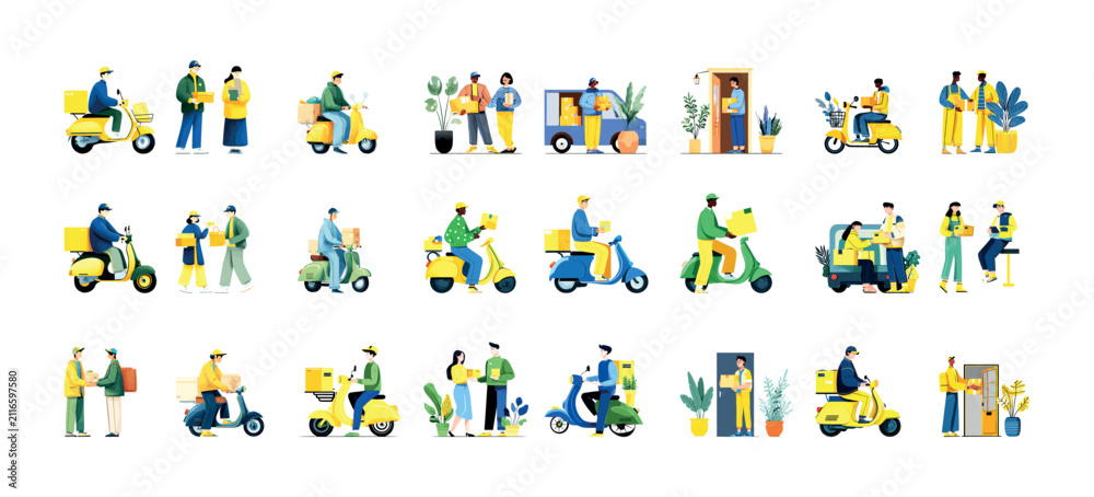 Fototapeta premium Delivery man cartoon vector set. Courier postman mail worker service person scooter bike motorcycle box package transport uniform character logistics shipment drive ride carry job order isolated