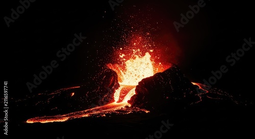 A dramatic eruption of glowing molten lava bursts from a dark volcanic fissure against a solid black background with sparks and heat, spray, activity, power