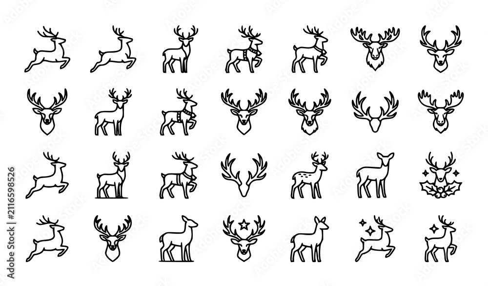 Obraz premium Deer Stag Antler Wildlife Outline Vector Icon Collection Isolated on White Background