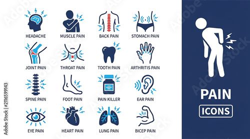 Body pain medical icon set with pain locations and relief