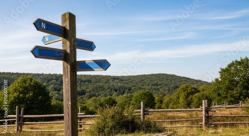 Rustic Wooden Signpost With Blue Arrows In Lush Green Landscape